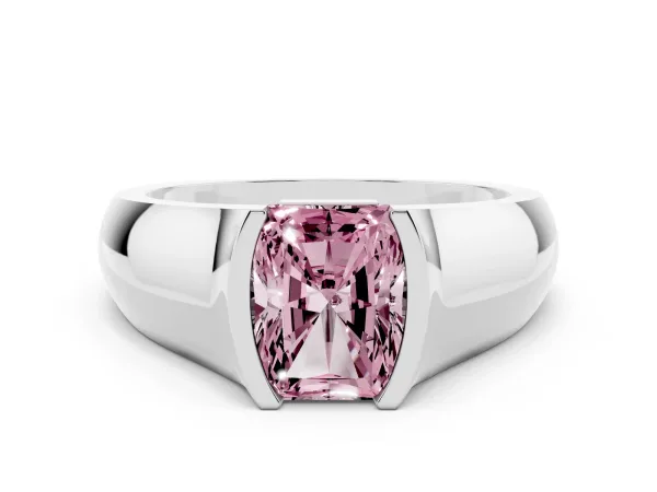 Fancy Pink Radiant Cut Solitaire Bezel Set Diamond Ring with Wide Band Platinum