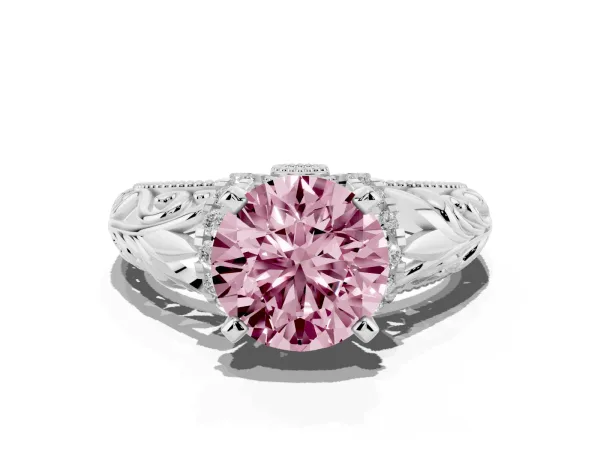 Fancy Pink Round Cut Solitaire Filigree Engagement Ring with Halo and Prong Setting White gold