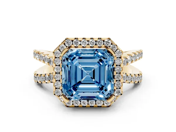 Fancy Blue Asscher Cut Diamond Halo Ring with Split Shank Pavé Band and Prong Setting Yellow gold