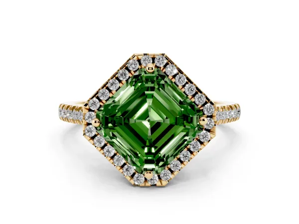 Fancy Green Asscher Cut Diamond Cushion Halo Ring with Pavé Band Yellow gold
