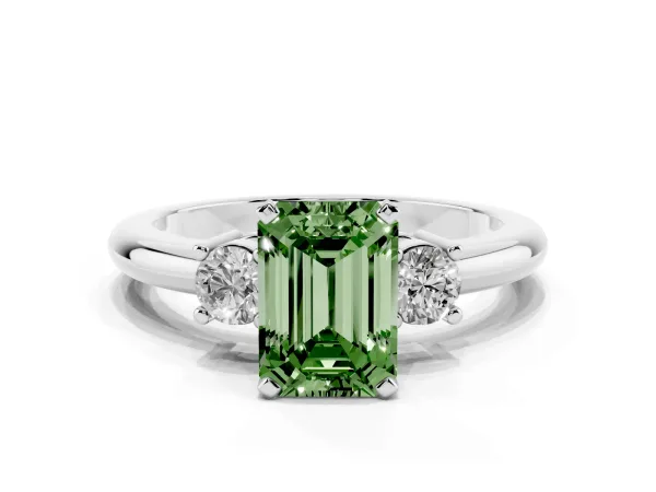 Fancy Green Three-Stone Emerald Cut Cut Diamond Solitaire with Prong Setting and Classic Band White gold
