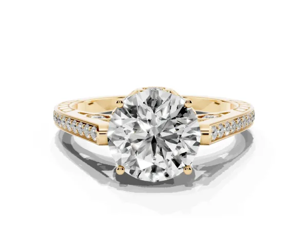 Round Cut Cut Cathedral Pave Diamond Engagement Ring with Six-Prong Setting Yellow gold