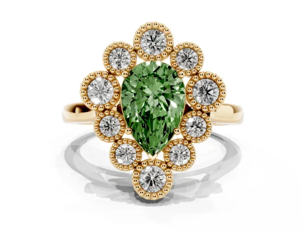 Fancy Green Pear Cut Halo Diamond Cluster Engagement Ring with Milgrain Bezel Setting and Solitaire Band Yellow gold