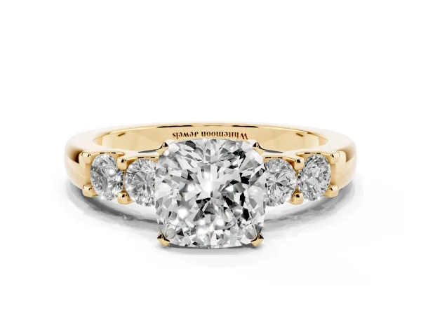 Cushion Cut Brilliant Cut Diamond Five-Stone Prong Set Engagement Ring with Channel Band Yellow gold