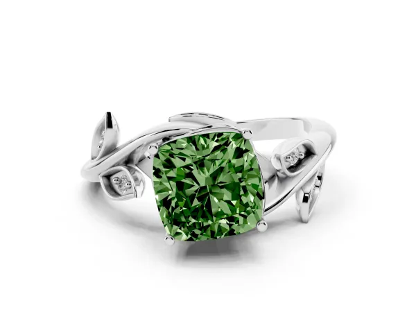 Fancy Green Cushion Cut Solitaire Twist Engagement Ring with Leaf Accents and Prong Setting Platinum