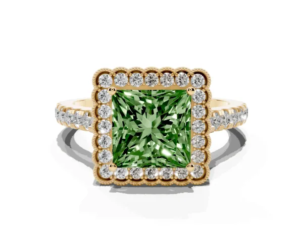 Fancy Green Princess Cut Cut Diamond Milgrain Floral Halo Engagement Ring with Pavé Band Yellow gold