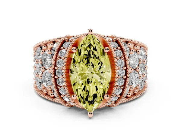 Fancy Yellow Marquise Cut Halo Pave Diamond Engagement Ring with Milgrain Detailing Rose gold