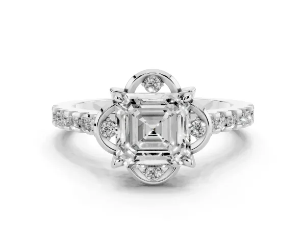 Asscher Cut Diamond Ring with Pavé Band and Floral Prong Setting White gold