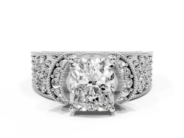 Radiant Cut Halo Pave Diamond Engagement Ring with Milgrain Detailing Platinum