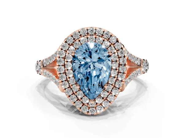 Fancy Blue Pear Cut Cut Double Halo Split Shank Diamond Ring with Prong Setting Rose gold