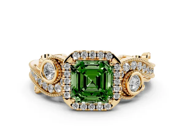 Fancy Green Asscher Cut Halo Diamond Ring with Milgrain and Bezel Accents on a Split Shank Band Yellow gold