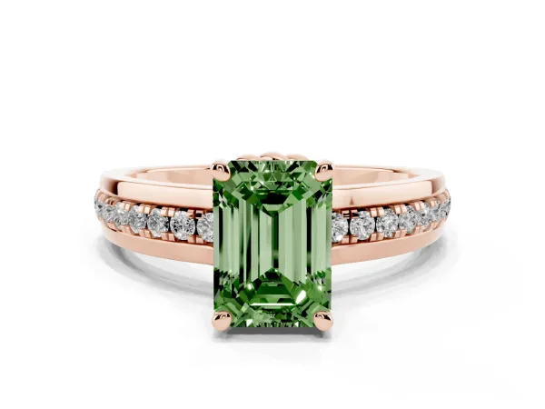 Fancy Green Emerald Cut Solitaire Diamond Ring with Channel Set Band and Six-Prong Setting Rose gold