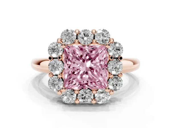 Fancy Pink Princess Cut Halo Milgrain Solitaire with Bezel Set Side Stones and Pave Band Rose gold