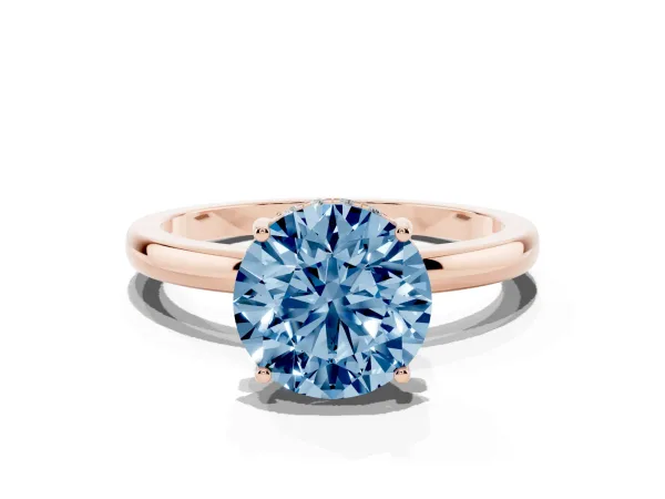 Fancy Blue Round Cut Solitaire Diamond Ring with Prong Setting and Plain Band Rose gold