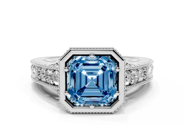 Fancy Blue Bezel Set Asscher Cut Diamond Milgrain Pave Engagement Ring Platinum