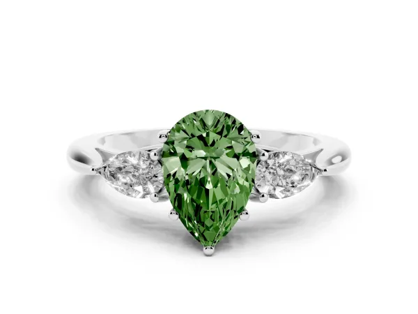 Fancy Green Three-Stone Pear Cut Brilliant Diamond Solitaire Ring with Tapered Band and Four-Prong Setting Platinum