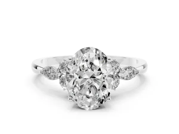 Oval Cut Brilliant Diamond Solitaire Ring with Pear Side Stones and Four-Prong Setting White gold