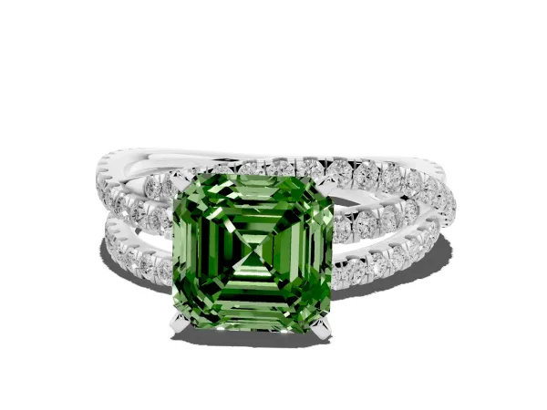Fancy Green Asscher Cut Solitaire Twist Band with Pavé Setting and Four-Prong Setting Platinum