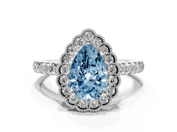 Fancy Blue Pear Cut Cut Diamond Milgrain Floral Halo Engagement Ring with Pavé Band White gold