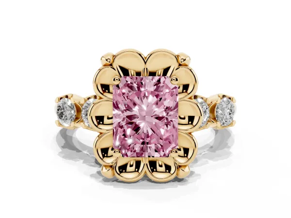 Fancy Pink Radiant Cut Cut Diamond Floral Halo Engagement Ring with Shared Prong Setting Yellow gold