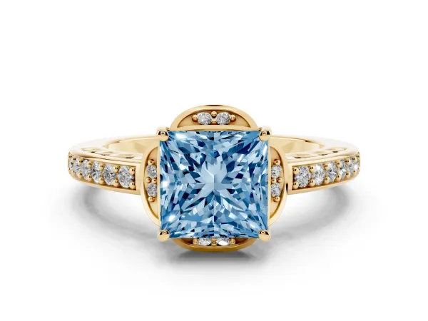 Fancy Blue Princess Cut Cut Halo Diamond Ring with Channel Set Band and Four-Prong Setting Yellow gold