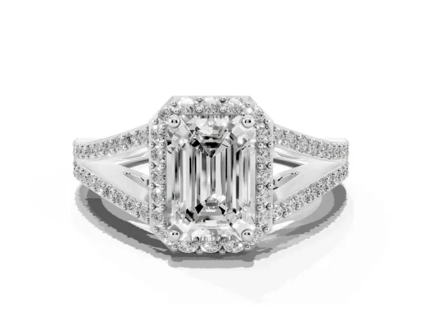 Emerald Cut Halo Split Shank Pave Diamond Ring with Four-Prong Setting White gold