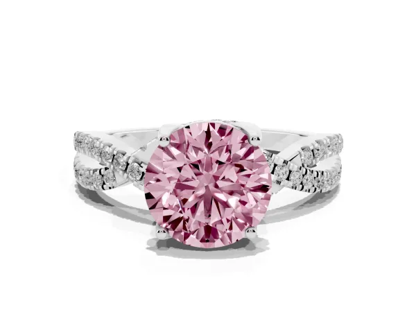 Fancy Pink Round Cut Solitaire Twist Pave Diamond Engagement Ring with Prong Setting Platinum