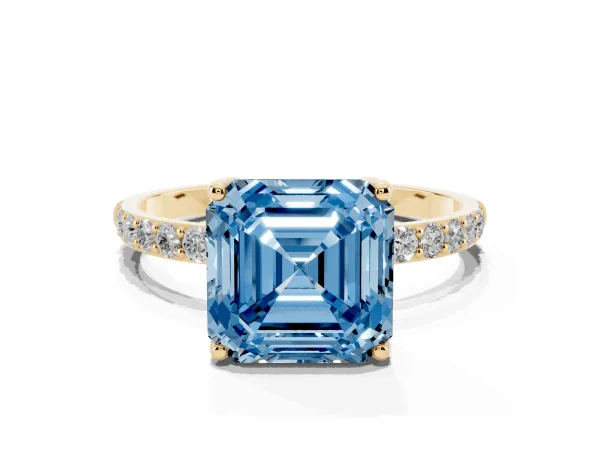 Fancy Blue Asscher Cut Diamond Solitaire Engagement Ring with Round Pavé Band and Prong Setting Yellow gold