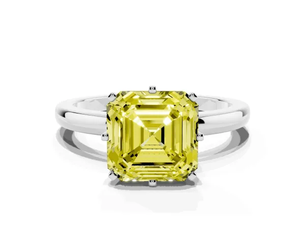 Fancy Yellow Asscher Cut Solitaire Diamond Ring with Six-Prong Setting on a Classic Band White gold