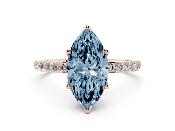 Fancy Blue Marquise Cut Diamond Solitaire Engagement Ring with Round Pavé Band and Prong Setting Rose gold