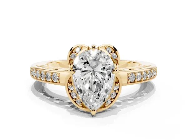Pear Cut Cut Halo Diamond Ring with Channel Set Band and Four-Prong Setting Yellow gold