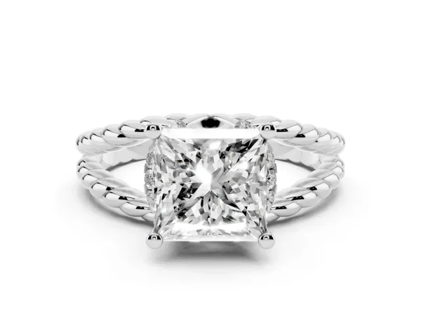 Princess Cut Halo Twisted Band Four-Prong Ring White gold