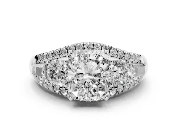 Three-Stone Radiant Cut Diamond Engagement Ring with Pave Band and Prong Setting Platinum