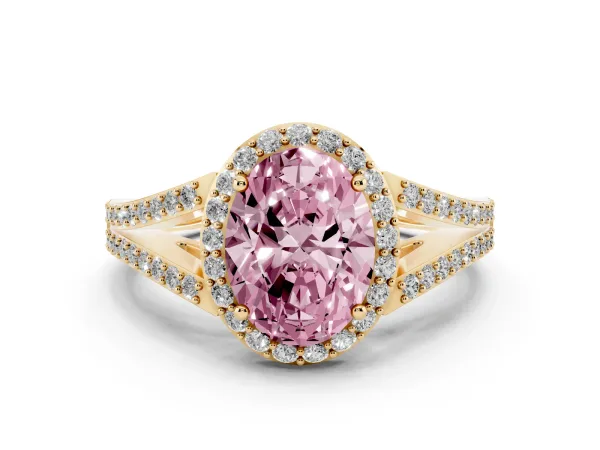 Fancy Pink Oval Cut Halo Split Shank Diamond Ring with Prong Setting Yellow gold