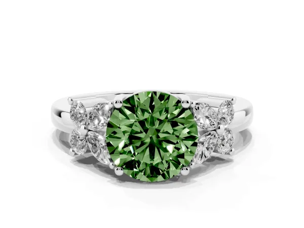 Fancy Green Round Cut Diamond Floral Cluster Ring with Solitaire Band and Prong Setting White gold