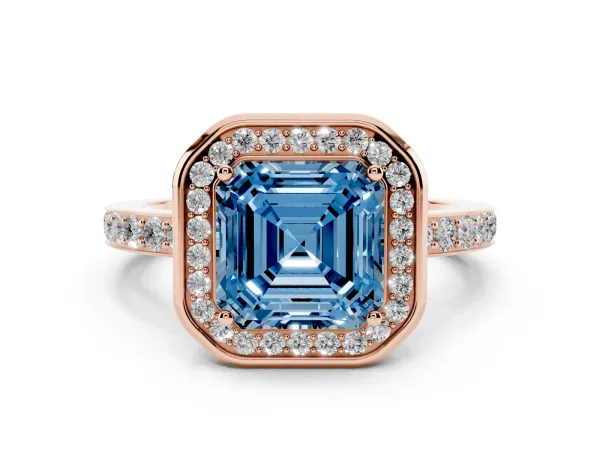 Fancy Blue Asscher Cut Diamond Halo Ring with Bezel Frame and Pavé Band Rose gold