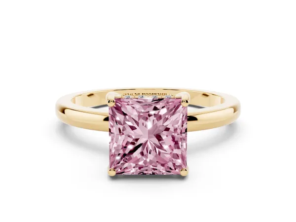 Fancy Pink Princess Cut Solitaire Diamond Ring with Prong Setting and Plain Band Yellow gold