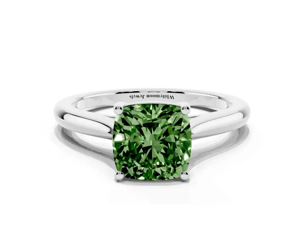 Fancy Green Cushion Cut Cut Solitaire Ring with Cathedral Band and Four-Prong Setting Platinum