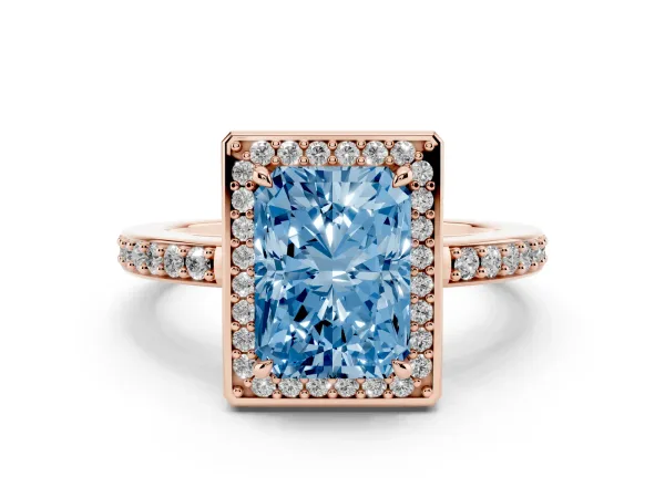 Fancy Blue Radiant Cut Halo Pave Band Solitaire Ring with Prong Setting Rose gold