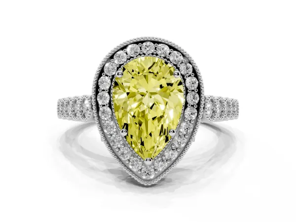 Fancy Yellow Pear Cut Halo Milgrain Solitaire with Bezel Set Side Stones and Pave Band White gold