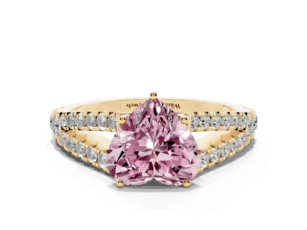 Fancy Pink Heart Cut Diamond Split Shank Engagement Ring with Round Pavé and Prong Setting Yellow gold