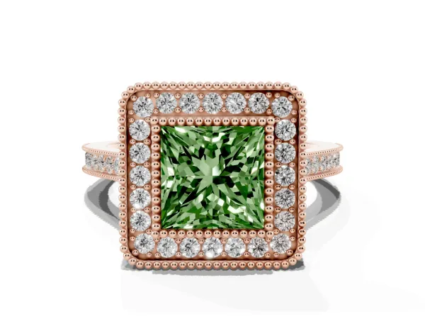 Fancy Green Princess Cut Diamond Halo Ring with Milgrain Frame and Pavé Band Rose gold