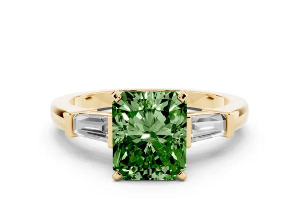 Fancy Green Radiant Cut Cut Diamond Solitaire Ring with Tapered Baguette Accents and Four-Prong Setting Yellow gold