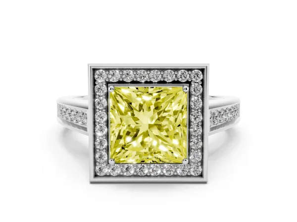 Fancy Yellow Princess Cut Halo Solitaire Diamond Ring with Pave Band and Bezel Setting White gold