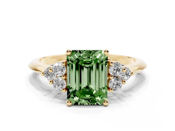Fancy Green Emerald Cut Cut Diamond Cluster Ring with Solitaire Band and Four-Prong Setting Yellow gold