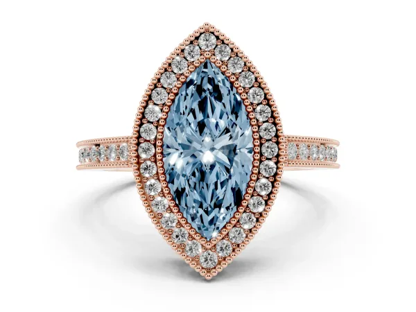 Fancy Blue Marquise Cut Cut Halo Diamond Ring with Pavé Band and Milgrain Prong Setting Rose gold
