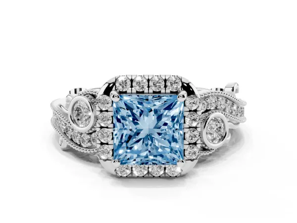 Fancy Blue Princess Cut Diamond Halo Ring with Milgrain Pavé Band and Four-Prong Setting Platinum