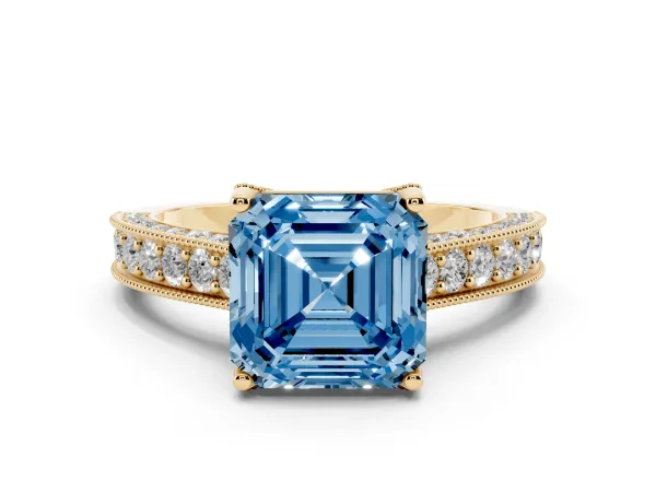 Fancy Blue Asscher Cut Cut Diamond Solitaire Ring with Milgrain Pave Band and Four Prong Setting Yellow gold