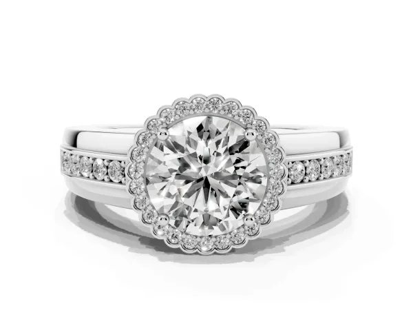 Round Cut Cut Halo Pave Band Four-Prong Ring Platinum