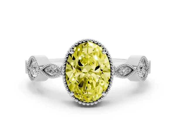 Fancy Yellow Oval Cut Diamond Vintage Milgrain Ring with Round Stations White gold
